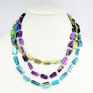 Artisan Triple Strand Dyed Shell Beaded Necklace 18" Jewel Tones Fashion Costume